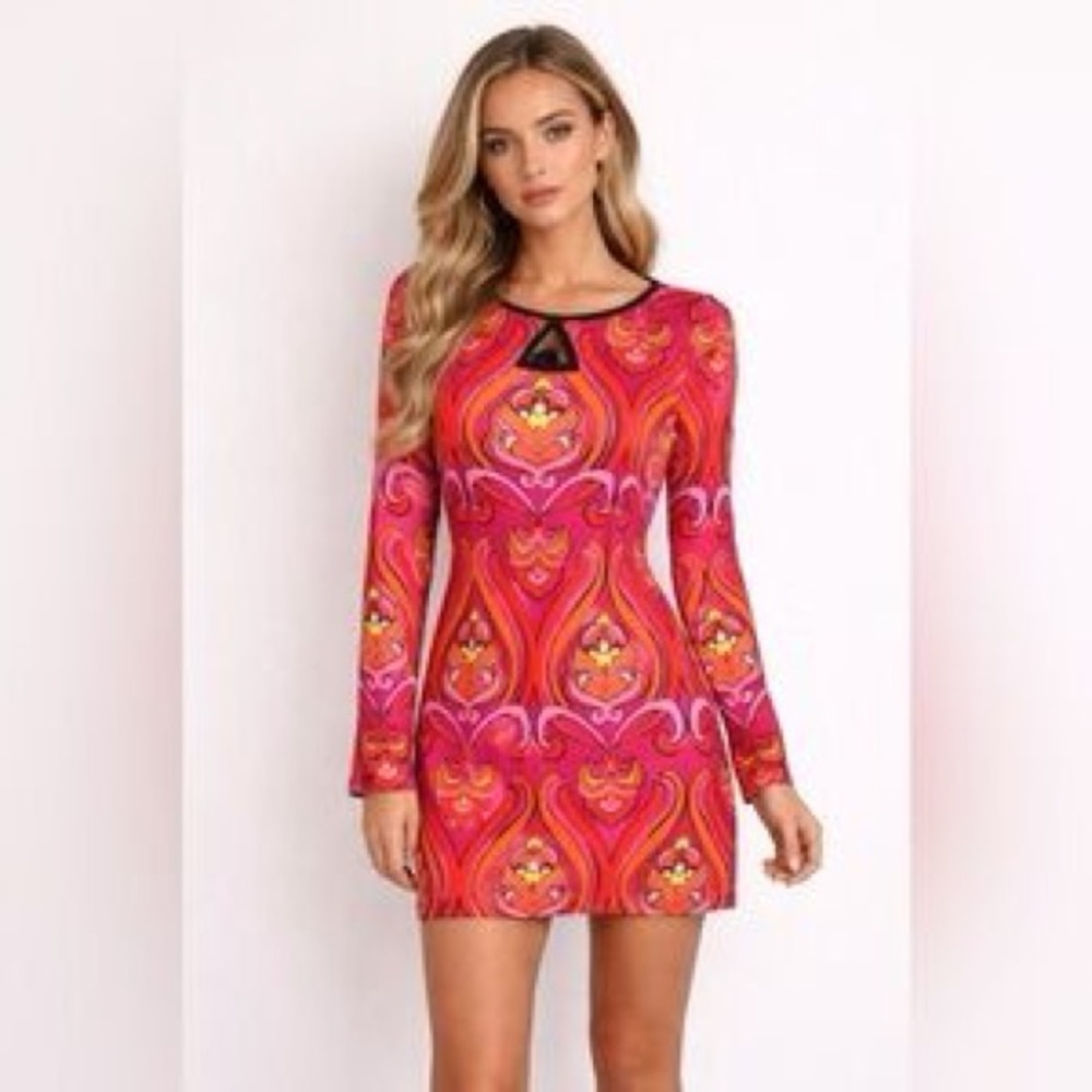 Laundry By Shelli Segal Womans Pencil Dress Red Small Geometric Long Sleeve